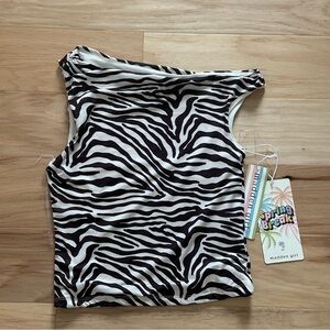 NWT Madden Girl Brown White Zebra Print Y2K Retro One Shoulder Top